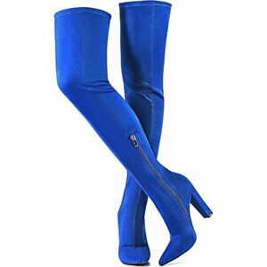 Women's Blue Suede Thigh High Boots Pointed Toe Over The Knee High Winter Boot